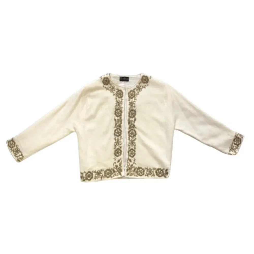 Vintage  rockabilly cashmere hand beaded cream cardigan sweater - Picture 13 of 16